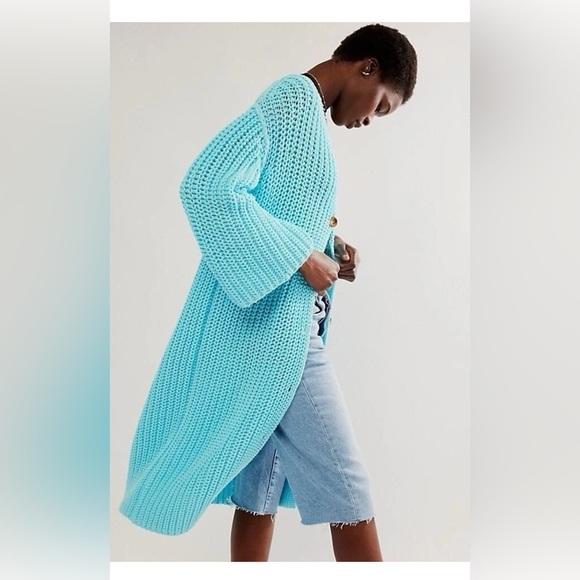 Free People Offside Cardigan Longline Chunky Knit Button Up Sweater in Blue - Picture 2 of 12